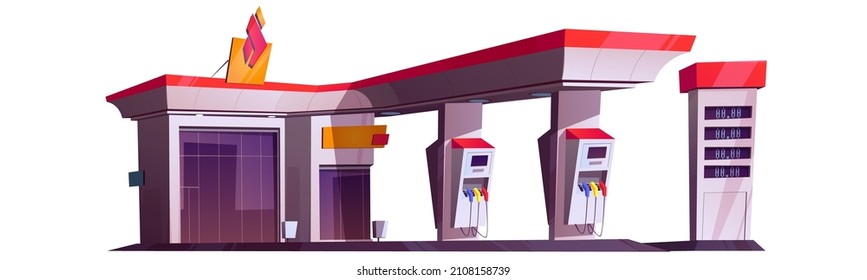 Tankstelle mit Ölpumpe, Markt- und Preisanzeige. Vektorgrafik-Illustration einer leeren modernen Tankstelle für Autos und Geschäftsgebäude einzeln auf weißem Hintergrund