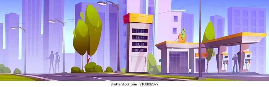 Gas station with oil pump, market and prices display on city street. Vector cartoon cityscape with fuel filling station for cars, road, city buildings and people silhouettes