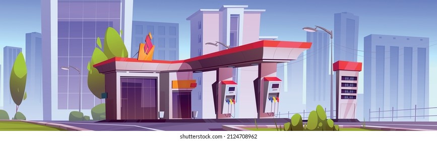Gas station with oil pump, market and prices display on road in town. Vector cartoon cityscape with empty fuel filling station for cars, green trees and city buildings on background