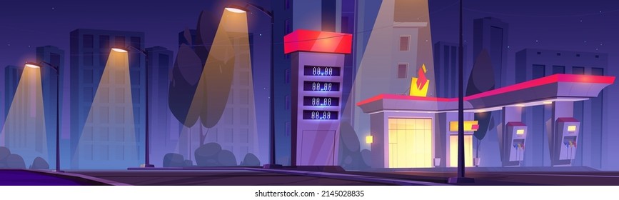 Gas station with oil pump on city street at night. Vector cartoon illustration of cityscape with buildings, trees, street lights and empty fuel filling station with market and prices display on road