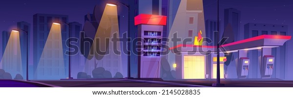 Gas station with oil pump on city street at night.\
Vector cartoon illustration of cityscape with buildings, trees,\
street lights and empty fuel filling station with market and prices\
display on road