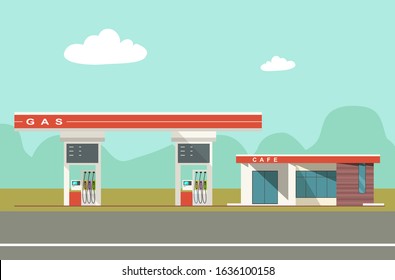 Gas station on the background of the countryside landscape. Vector flat style illustration.