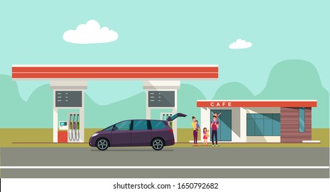 Gas station on the background of the countryside landscape and a car with family. Vector flat style illustration.