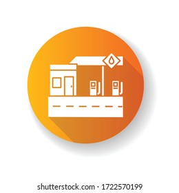 Icono de glifo oscuro de diseño plano anaranjado. Bomba de gasolina para recarga automática. El llenado de gasolina para el servicio de camiones. Construcción urbana contemporánea para vehículos. Ilustración de color RGB de silueta