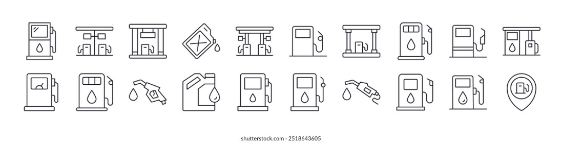 Coleção de ícones da linha Web do contorno do posto de gasolina. Traço editável. Pictograma Linear Minimalista para Design de Cartões, Aplicativos, Banners, Posts 