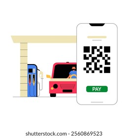 Gas Station Payment With QR Code And Red Car In Flat Vector Illustration Symbolizing Digital Transactions, Convenience, And Modern Technology, Isolated On White Background.