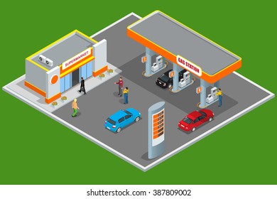 Gas station, petrol station fuel tank, fuel pump, car, shop, oil station, gasoline. isolated vector illustration. Refilling, cleaning, shopping service.