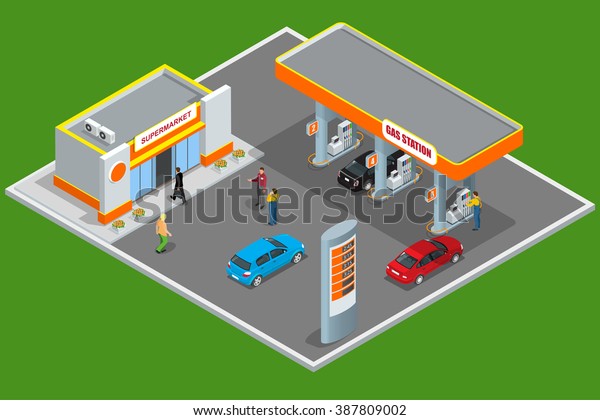 ガソリンスタンド ガソリンスタンド 燃料ポンプ 車 ショップ オイルステーション ガソリン 分離型ベクターイラスト 補充 清掃 買い物サービス のベクター画像素材 ロイヤリティフリー