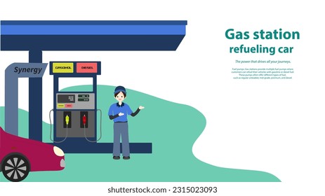 Gas station, Petrol station, refueling car petrol service staff cartoon character. Fuel station business Illustration with Text Space. service man for refuel car 