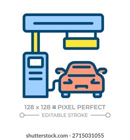 Icono de color de línea perfecta de píxeles de gasolinera. Repostaje de coches en la gasolinera. Servicio de vehículos. Infraestructura vial. Ilustración vectorial aislada. Diseño de símbolo colorido plano. Trazo editable