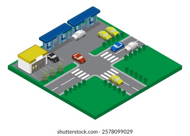 Gas station point with maintenance service at busy road intersection. Passenger car refueling at gas station. Aerial view 3D vector isolated on white background