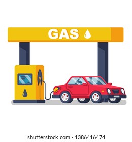 Gas station. Gas pump. Petroleum refill station. Vector illustration flat design. Isolated on white background. Stopping on the road for refueling. Red car.
