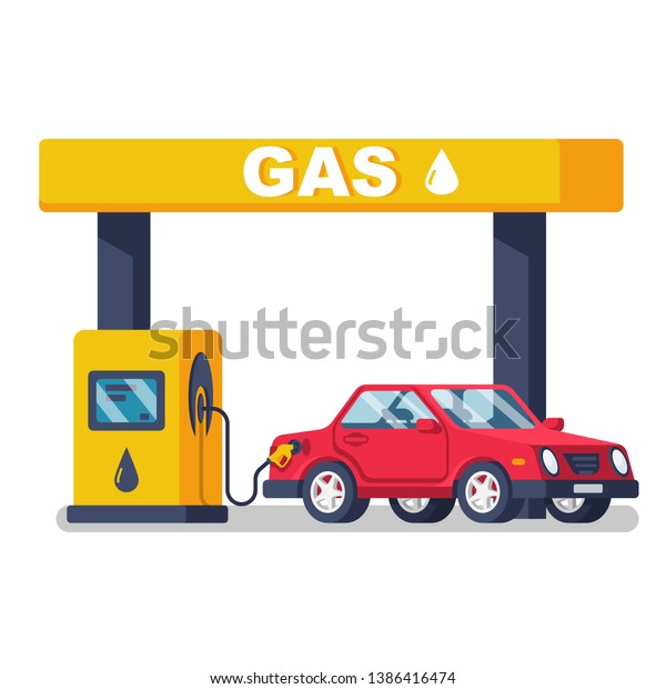 Gas station. Gas pump. Petroleum\
refill station. Vector illustration flat design. Isolated on white\
background. Stopping on the road for refueling. Red\
car.\
