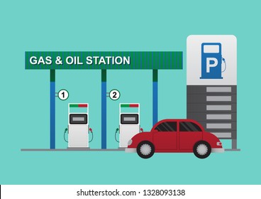 Gas station pump with red car, Flat design, Vector illustration