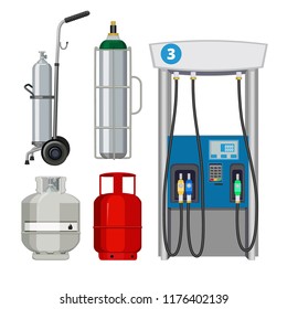 Gas station. Pumping petrol types metal tank cylinders vector illustrations of petrol pumps. Gas pump, petrol station, industry petroleum and gas fuel balloon