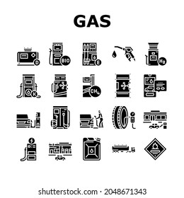 Gas Station Refueling Equipment Icons Set Vector. Diesel And Gasoline, Ethanol And Methanol Gas Station, Wheel Inflation Car Washing Service. Canister Barrel Fuel Glyph Pictograms Black Illustrations