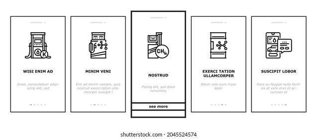 Gas Station Refueling Equipment Onboarding Mobile App Page Screen Vector. Diesel And Gasoline, Ethanol And Methanol Gas Station, Wheel Inflation And Car Washing Service Illustrations
