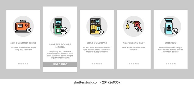 Gas Station Refueling Equipment Onboarding Mobile App Page Screen Vector. Diesel And Gasoline, Ethanol And Methanol Gas Station, Wheel Inflation And Car Washing Service Illustrations