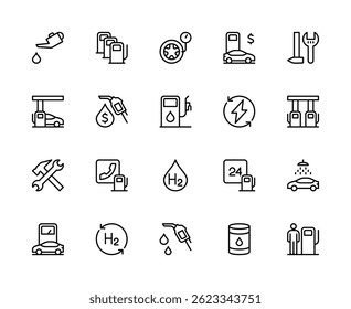 Gas station related vector linear icons set. Contains such icons as oil, filling station, wheel, car, maintenance, petrol station, service and more. Isolated filling station related icons collection.