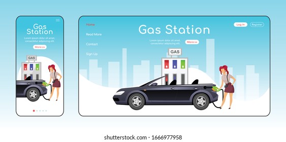 Gas Station Responsive Landing Page Flat Color Vector Template. Petrol Sale Network Homepage Layout. One Page Website UI With Cartoon Character. Car Refueling Adaptive Webpage Cross Platform Design