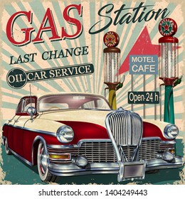 Gas station retro poster with vintage car.