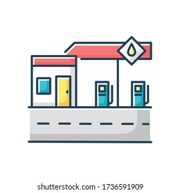Gas station RGB color icon. Petrol pump for automobile fuel refill. Gasoline fill for cars service. Contemporary urban building for vehicles. Construction for transport. Isolated vector illustration