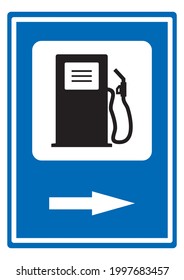 Tankstelle, Straßenzeichen, Vektorsymbol, blauer Hintergrund