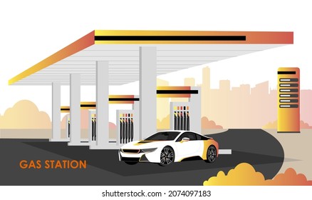 Gas station  sedan car and tinted window  yellow  orange gradient trunk road  City  bushes shadow white background  Vector illustration