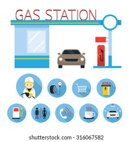 Gas Station and Service Objects icons Set, Flat Design, Mini Mart, Toilet, Car Wash, ATM