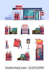 Gas station service. Refuel engine workers gas oil refill processes pumping fuel garish vector colored illustrations