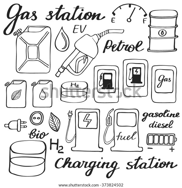 Gas station set. Hand-drawn cartoon\
collection of petrol icons - fuel, can, road sign, pump. Doodle\
drawing. Vector\
illustration