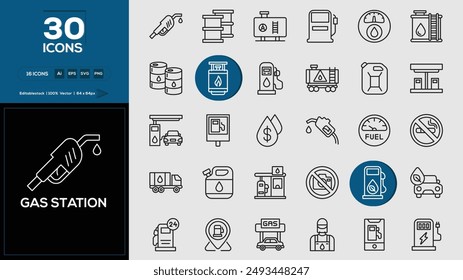 Gas Station Set of outline icons related to analysis, infographic, analytics. Editable stroke. Vector illustration. 