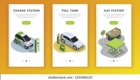 Gas station set of three vertical isometric banners with clickable learn more buttons text and images vector illustration