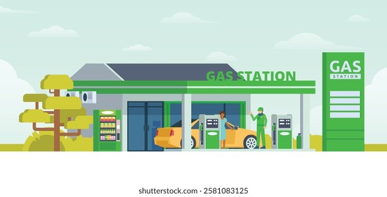 Gas Station with Shop Vector Illustration. Clean Flat Design and Modular Element. Fully Editable and Easy to Customize