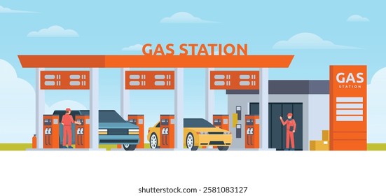 Gas Station with Shop Vector Illustration. Clean Flat Design and Modular Element. Fully Editable and Easy to Customize