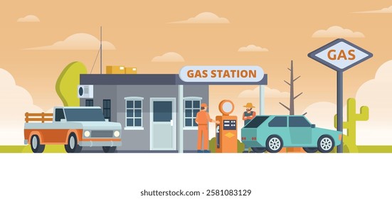 Gas Station with Shop Vector Illustration. Clean Flat Design and Modular Element. Fully Editable and Easy to Customize