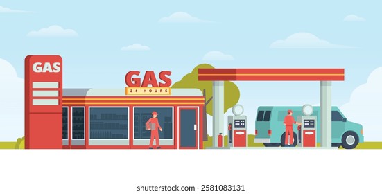 Gas Station with Shop Vector Illustration. Clean Flat Design and Modular Element. Fully Editable and Easy to Customize