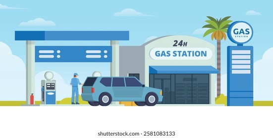 Gas Station with Shop Vector Illustration. Clean Flat Design and Modular Element. Fully Editable and Easy to Customize