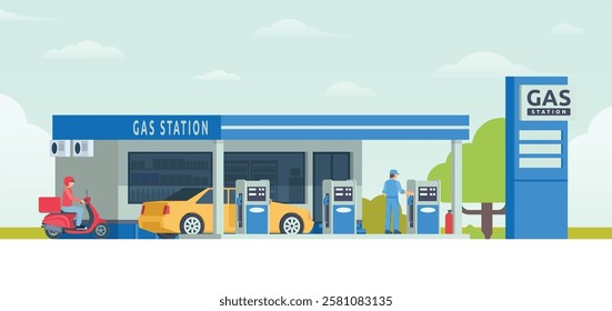 Gas Station with Shop Vector Illustration. Clean Flat Design and Modular Element. Fully Editable and Easy to Customize