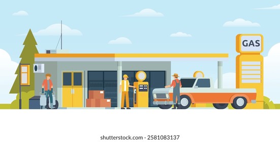 Gas Station with Shop Vector Illustration. Clean Flat Design and Modular Element. Fully Editable and Easy to Customize