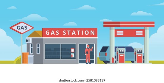 Gas Station with Shop Vector Illustration. Clean Flat Design and Modular Element. Fully Editable and Easy to Customize