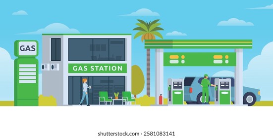 Gas Station with Shop Vector Illustration. Clean Flat Design and Modular Element. Fully Editable and Easy to Customize