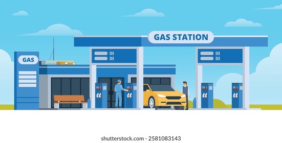 Gas Station with Shop Vector Illustration. Clean Flat Design and Modular Element. Fully Editable and Easy to Customize