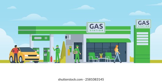 Gas Station with Shop Vector Illustration. Clean Flat Design and Modular Element. Fully Editable and Easy to Customize