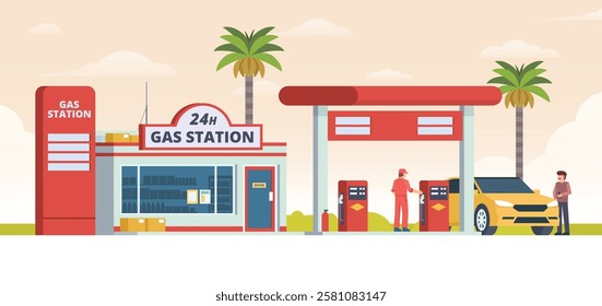 Gas Station with Shop Vector Illustration. Clean Flat Design and Modular Element. Fully Editable and Easy to Customize