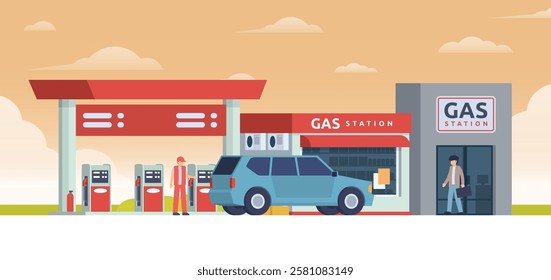 Gas Station with Shop Vector Illustration. Clean Flat Design and Modular Element. Fully Editable and Easy to Customize