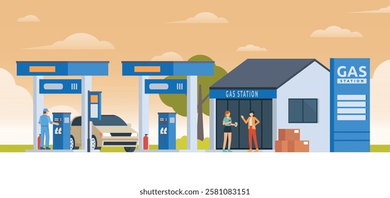 Gas Station with Shop Vector Illustration. Clean Flat Design and Modular Element. Fully Editable and Easy to Customize