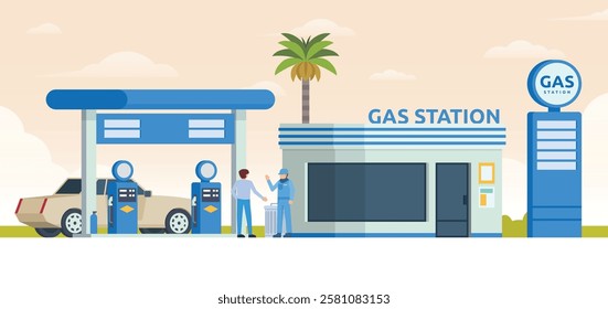 Gas Station with Shop Vector Illustration. Clean Flat Design and Modular Element. Fully Editable and Easy to Customize