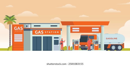 Gas Station with Shop Vector Illustration. Clean Flat Design and Modular Element. Fully Editable and Easy to Customize