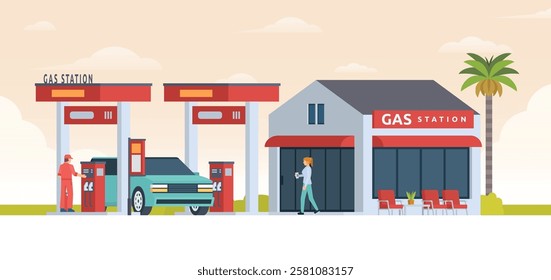 Gas Station with Shop Vector Illustration. Clean Flat Design and Modular Element. Fully Editable and Easy to Customize